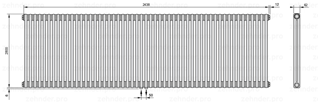 Схема (чертеж) Радиатор Zehnder Charleston 2280/53 №3470 Белый глянцевый RAL 9016